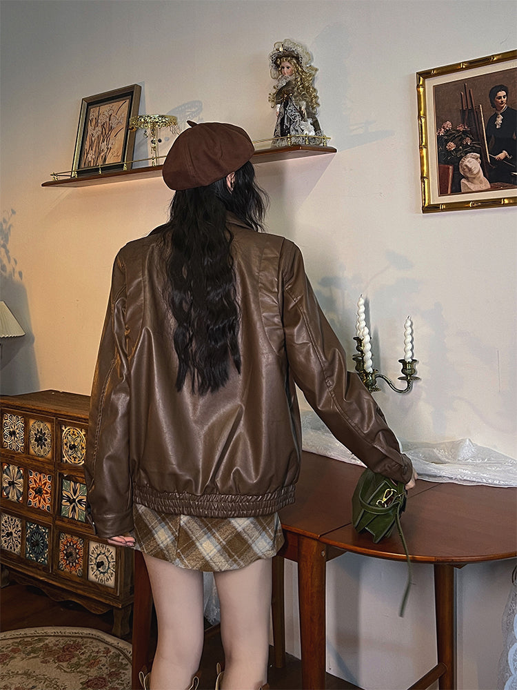 Zipper Closure Leather Short Coat