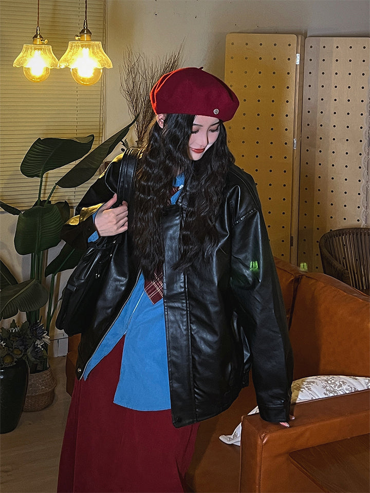 Zipper Closure Leather Short Coat