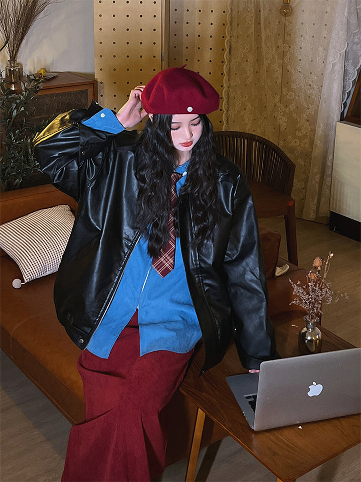 Zipper Closure Leather Short Coat