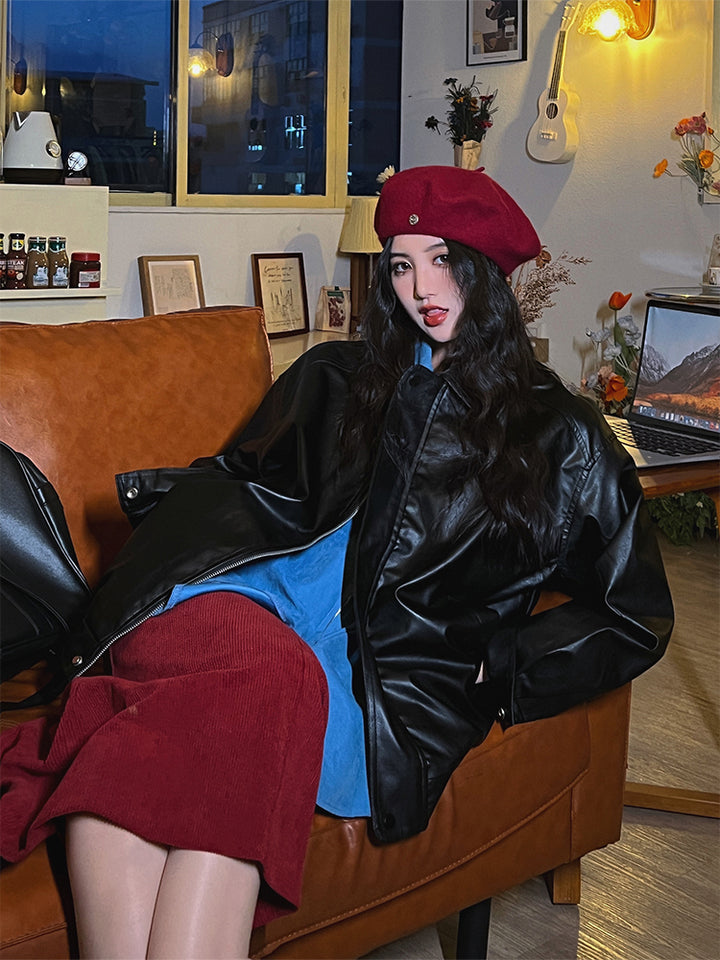 Zipper Closure Leather Short Coat