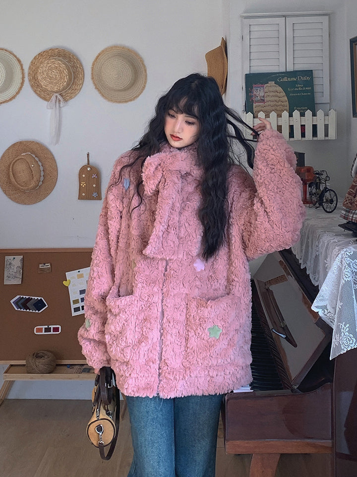 Star Patch Accent Faux Fur Short Coat