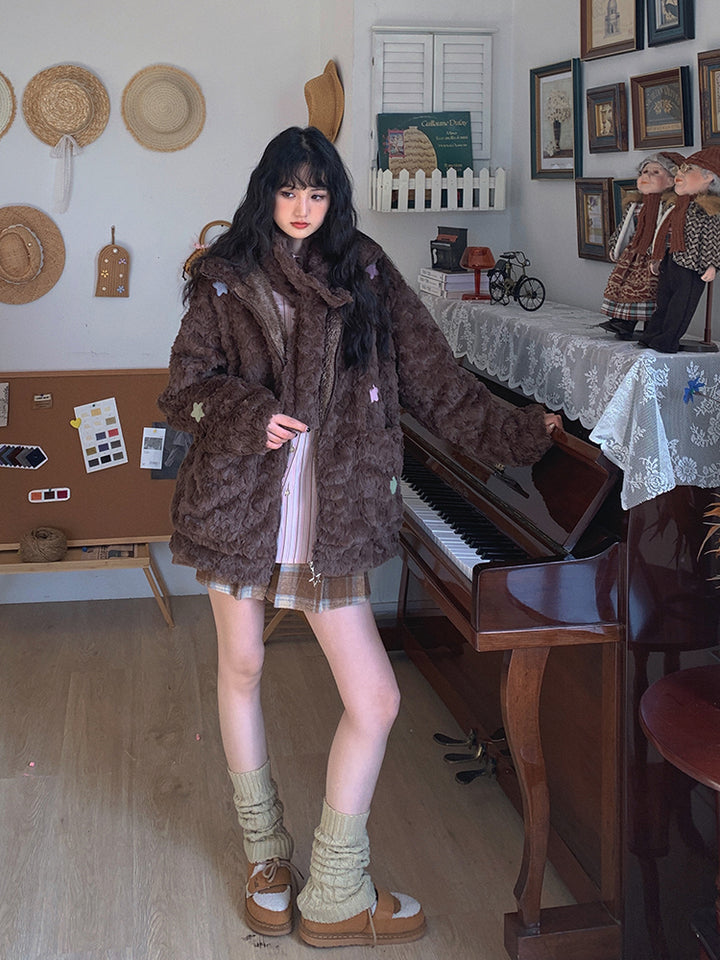 Star Patch Accent Faux Fur Short Coat