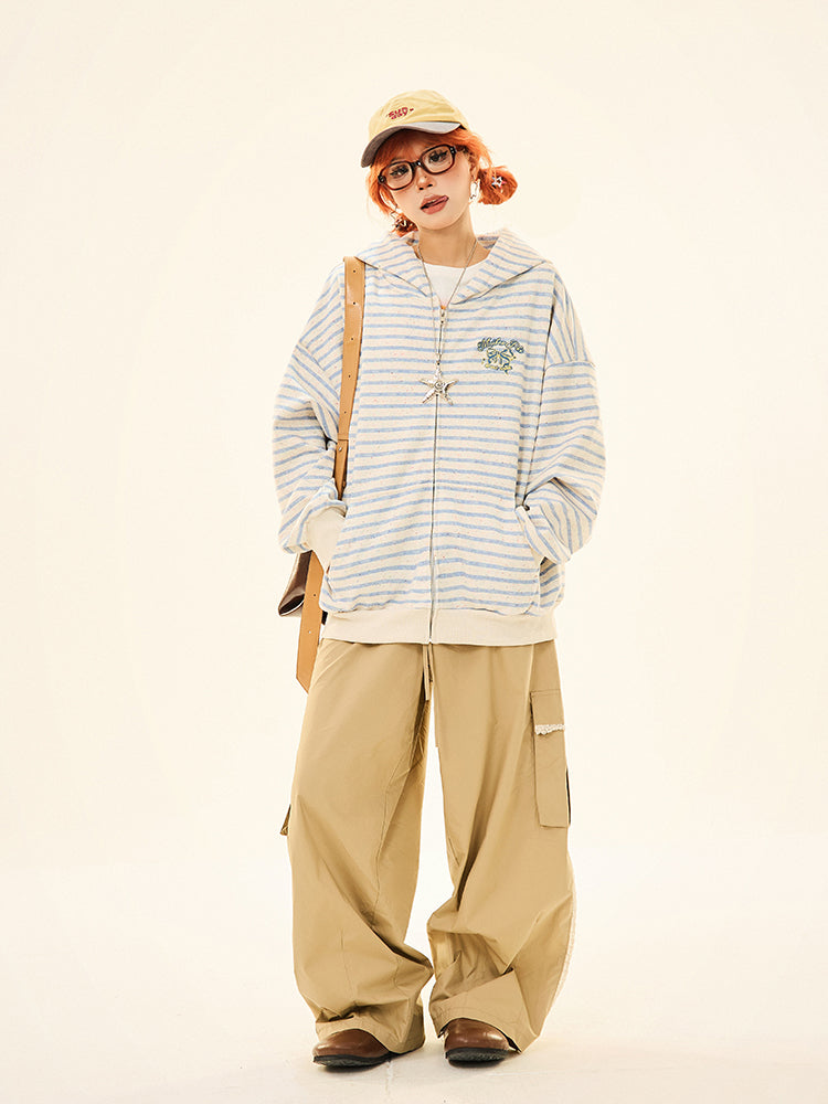 Striped Pockets Zip-Up Sweatshirt
