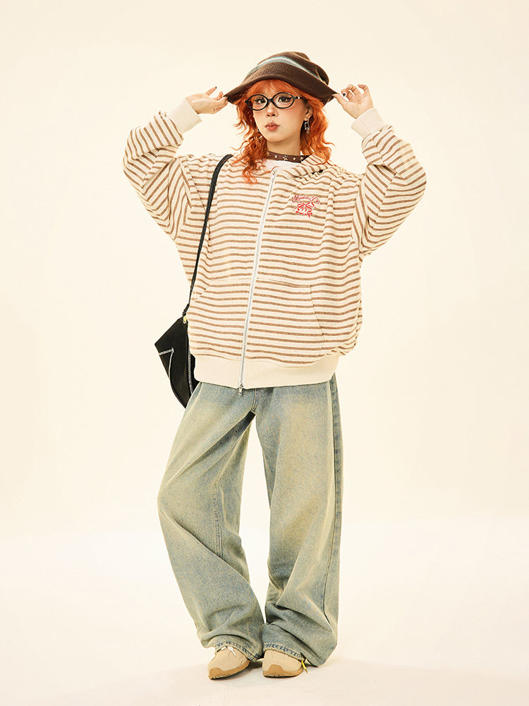 Striped Pockets Zip-Up Sweatshirt