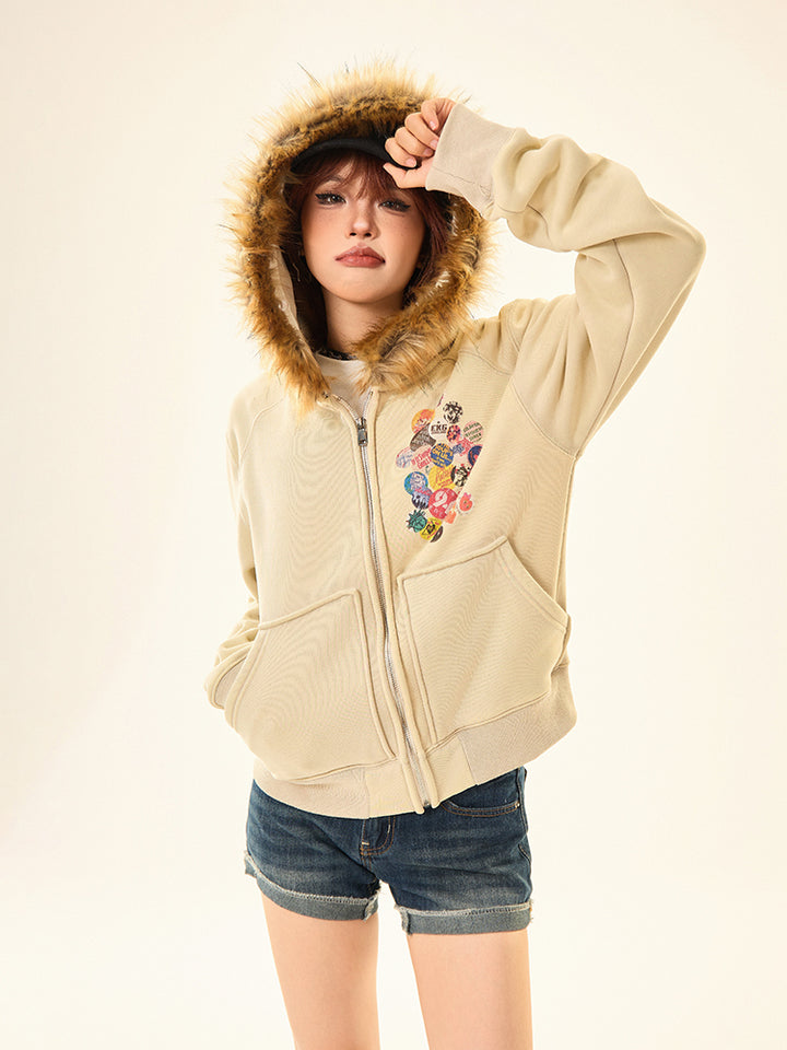 Embroidered Patches Hooded Short Coat