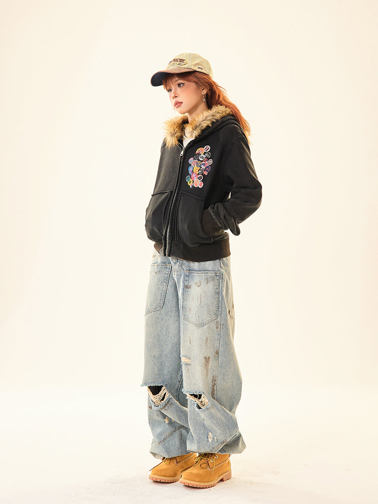 Embroidered Patches Hooded Short Coat