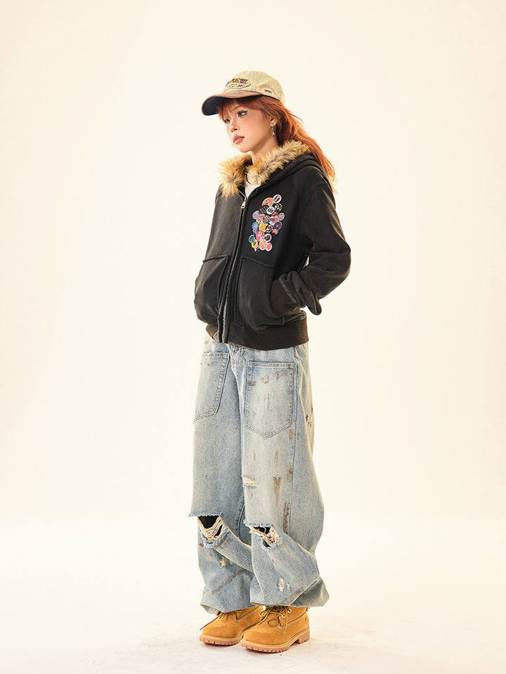 Embroidered Patches Hooded Short Coat