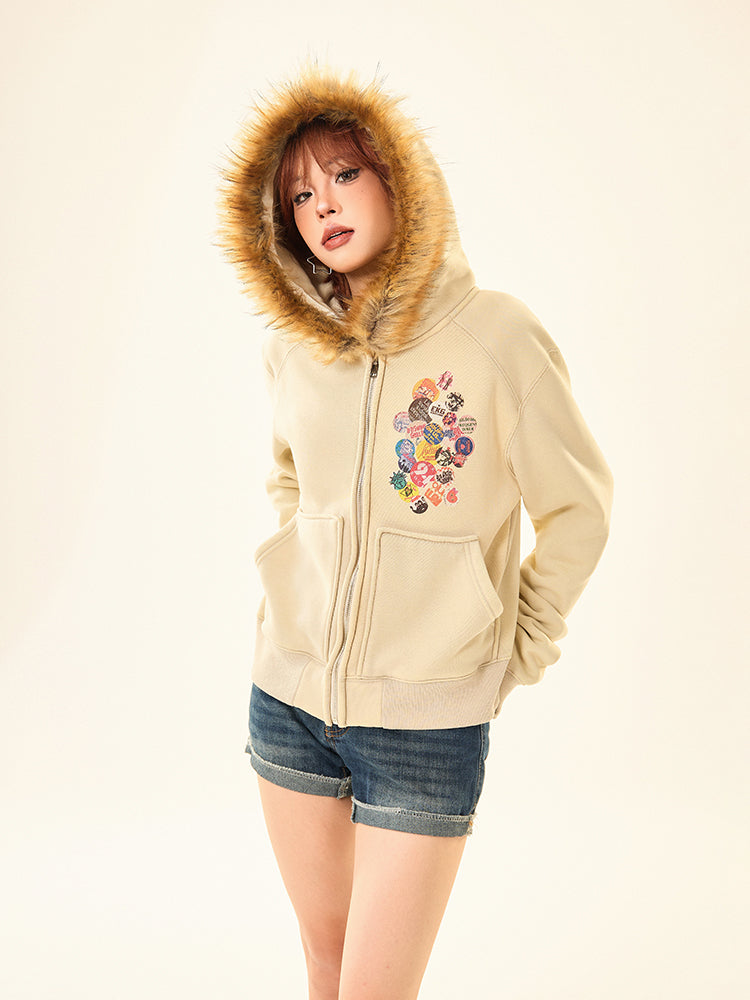 Embroidered Patches Hooded Short Coat