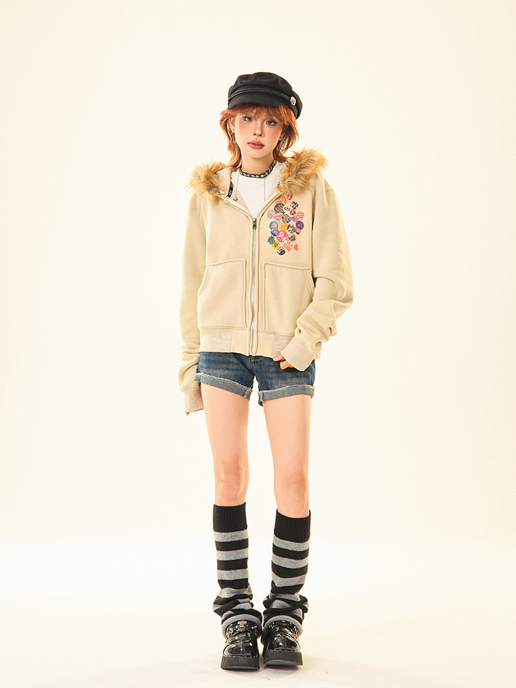 Embroidered Patches Hooded Short Coat