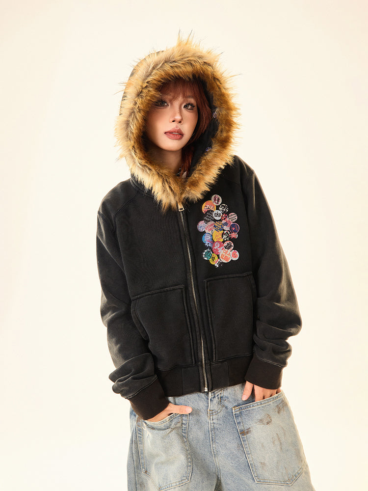 Embroidered Patches Hooded Short Coat