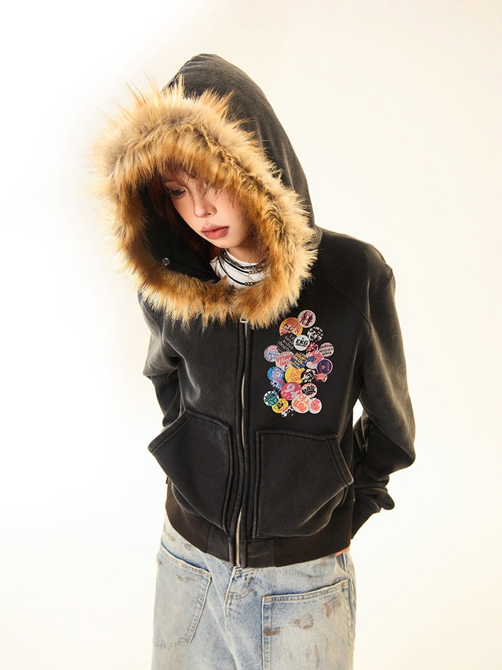 Embroidered Patches Hooded Short Coat