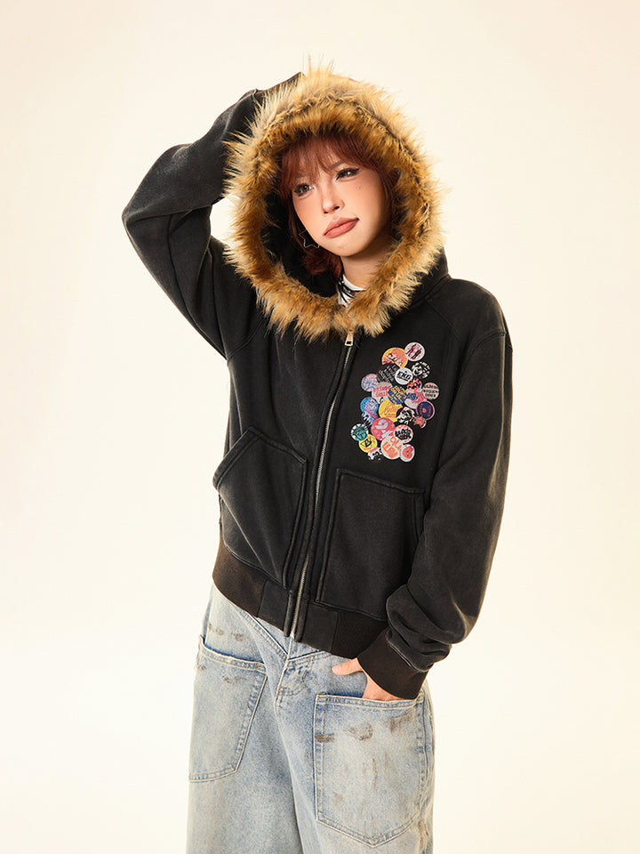 Embroidered Patches Hooded Short Coat