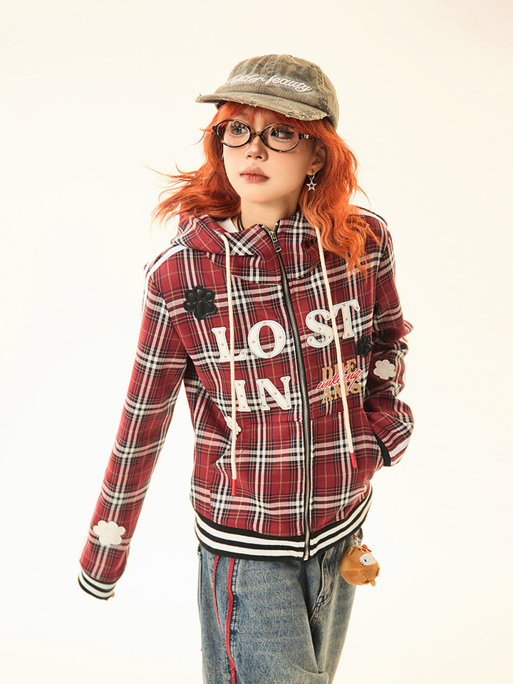 Graphic Decals Plaid Hooded Sweatshirt