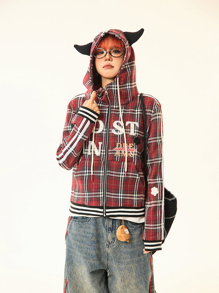 Graphic Decals Plaid Hooded Sweatshirt