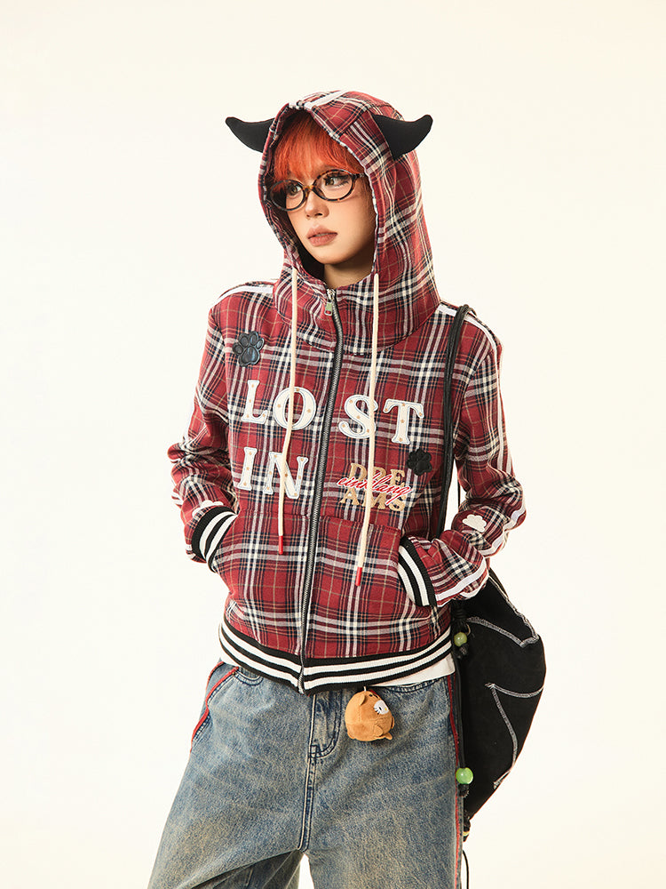 Graphic Decals Plaid Hooded Sweatshirt
