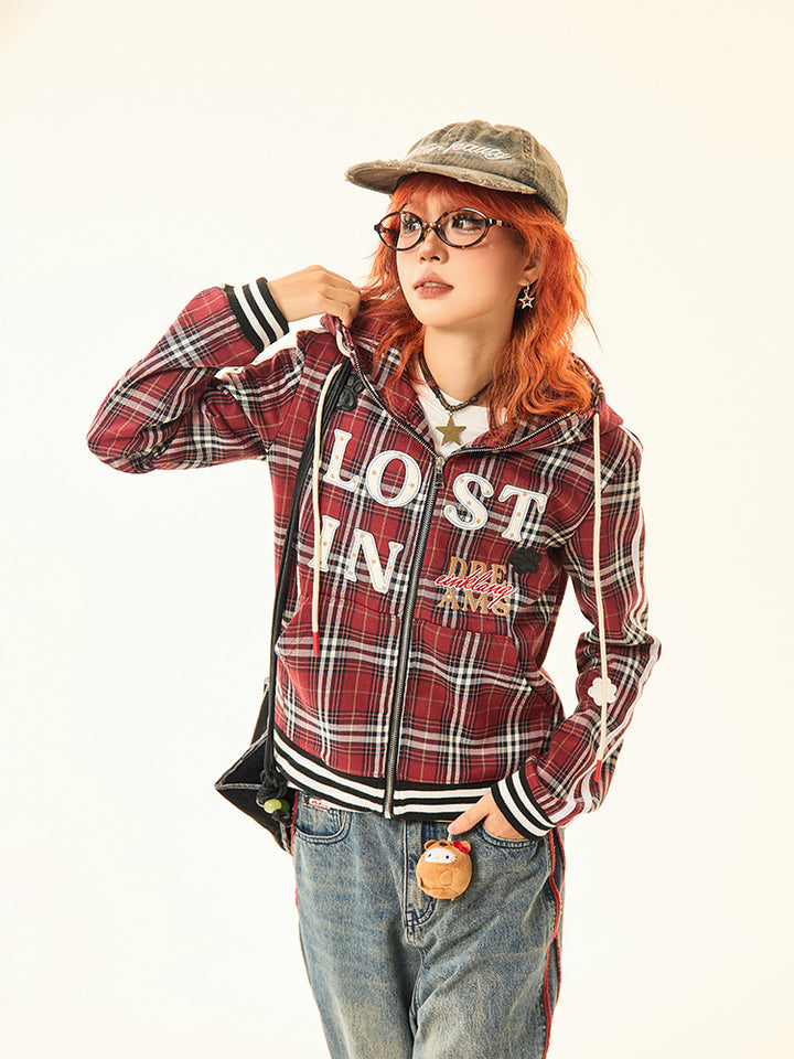 Graphic Decals Plaid Hooded Sweatshirt