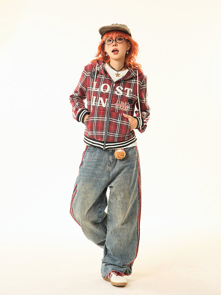 Graphic Decals Plaid Hooded Sweatshirt
