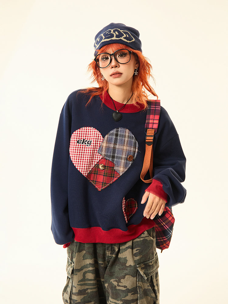 Plaid Patchwork Heart Sweatshirt