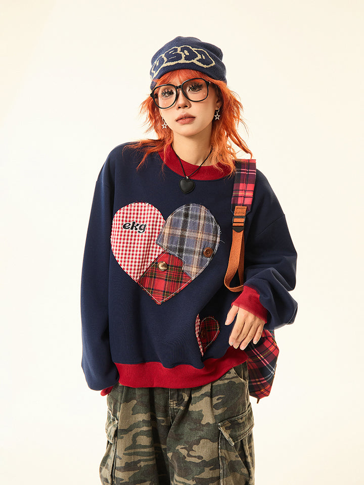 Plaid Patchwork Heart Sweatshirt