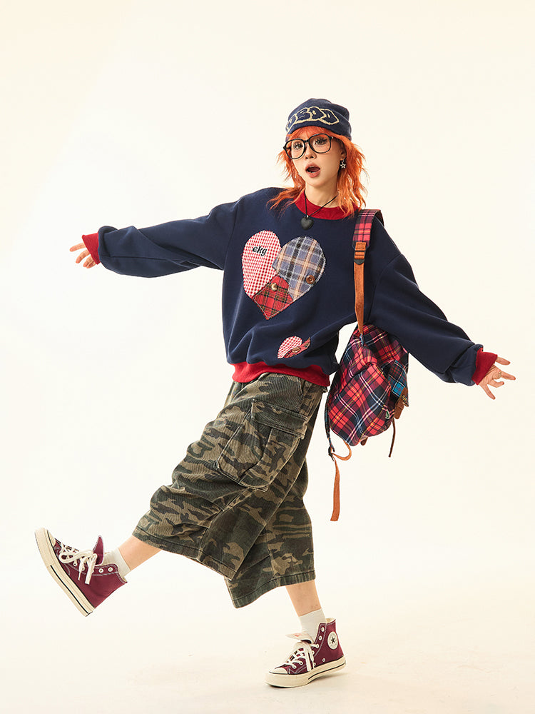 Plaid Patchwork Heart Sweatshirt