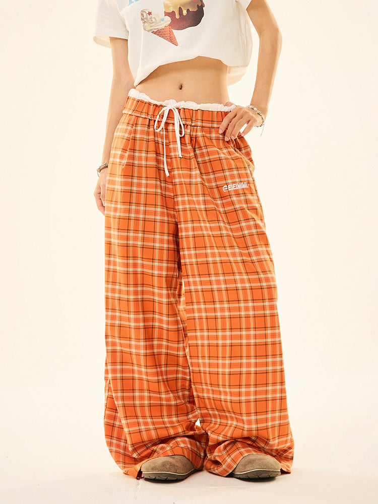 Drawstring Waist Plaid Wide-Leg Pants