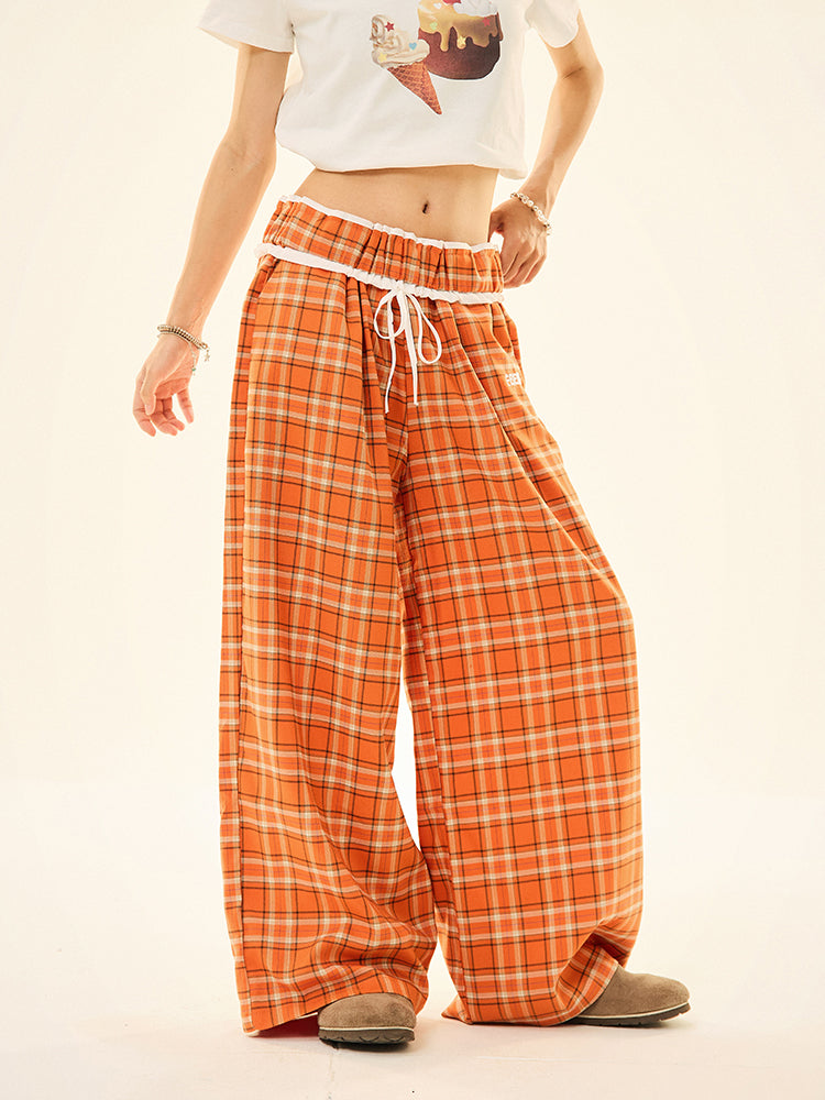 Drawstring Waist Plaid Wide-Leg Pants
