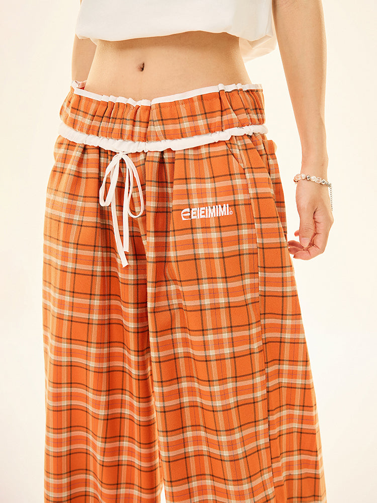 Drawstring Waist Plaid Wide-Leg Pants