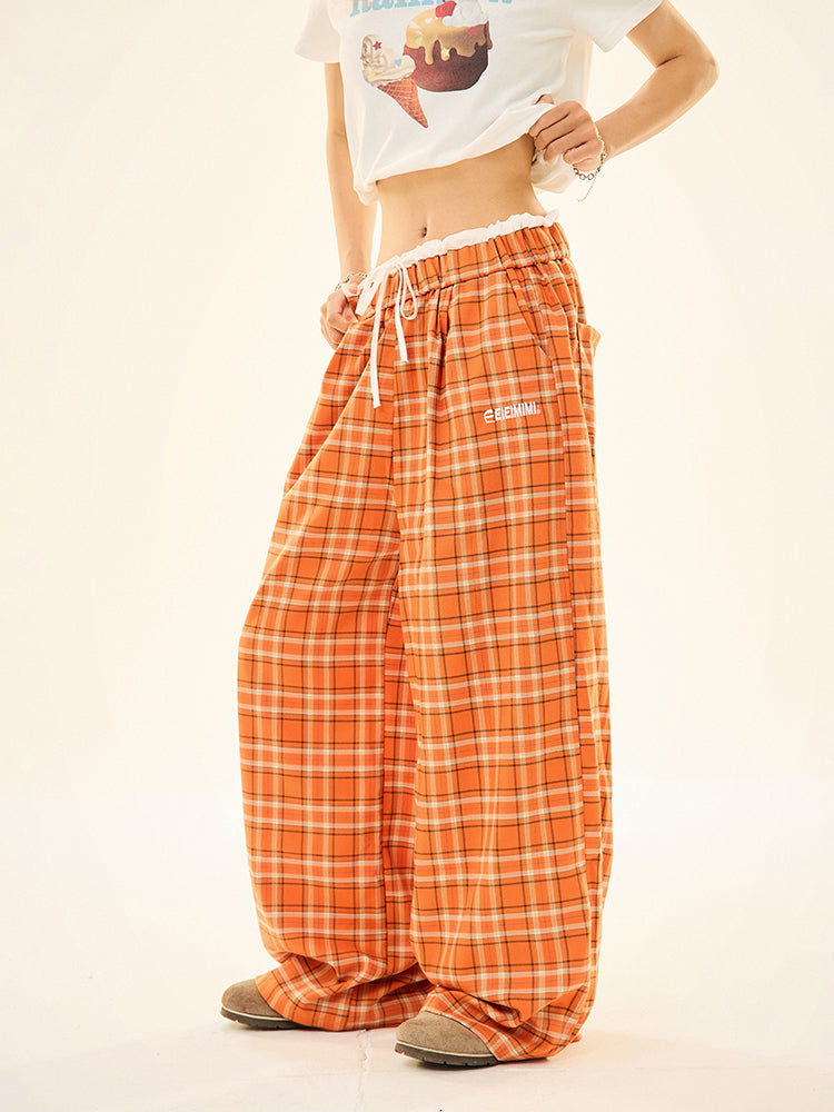 Drawstring Waist Plaid Wide-Leg Pants