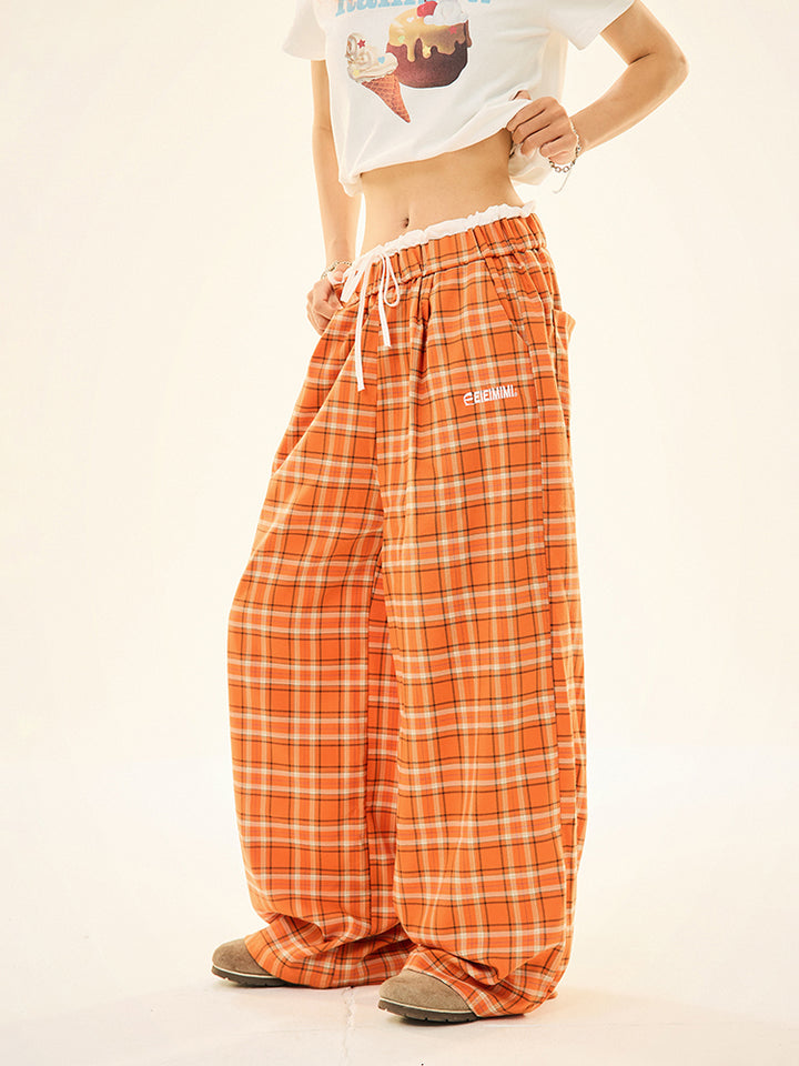 Drawstring Waist Plaid Wide-Leg Pants