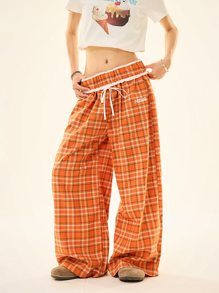 Drawstring Waist Plaid Wide-Leg Pants