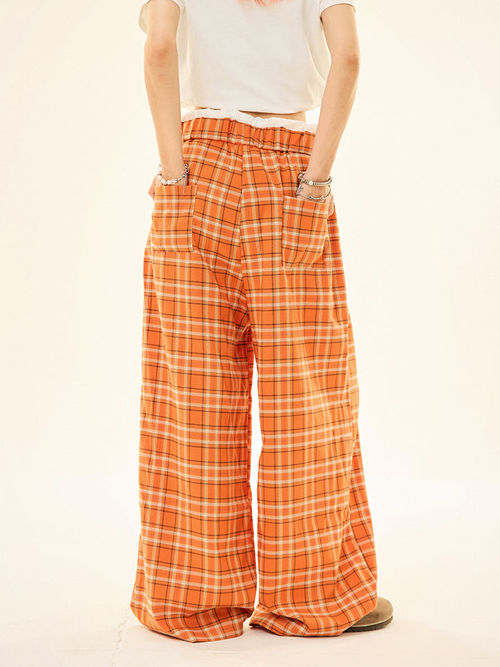 Drawstring Waist Plaid Wide-Leg Pants