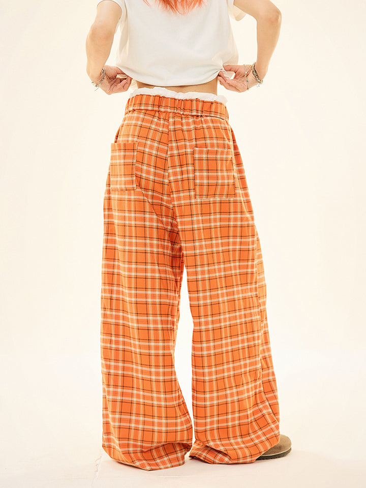 Drawstring Waist Plaid Wide-Leg Pants