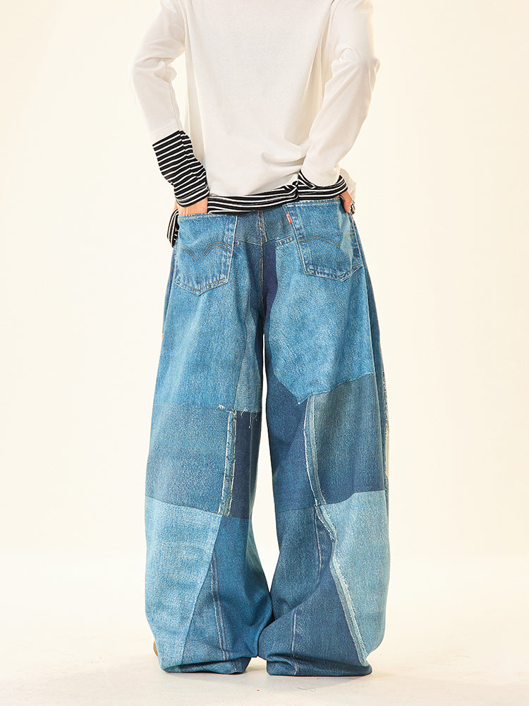 Wide-Leg Patchwork Denim Pants