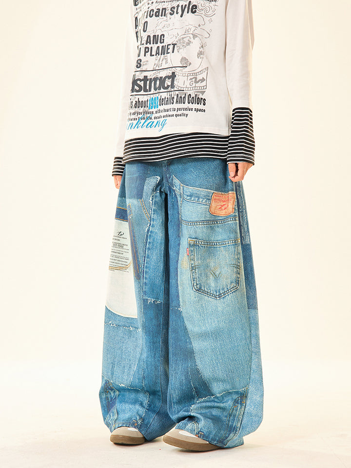 Wide-Leg Patchwork Denim Pants
