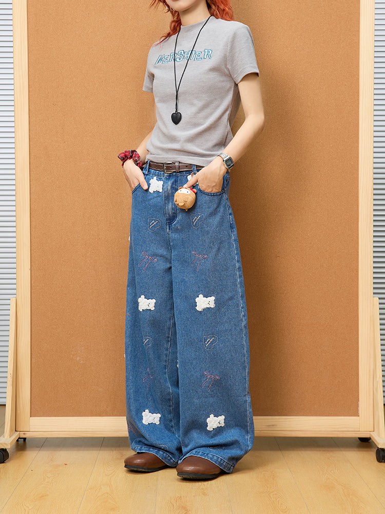 Bear Embroidered Wide-Leg Denim Pants