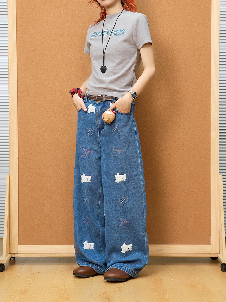 Bear Embroidered Wide-Leg Denim Pants