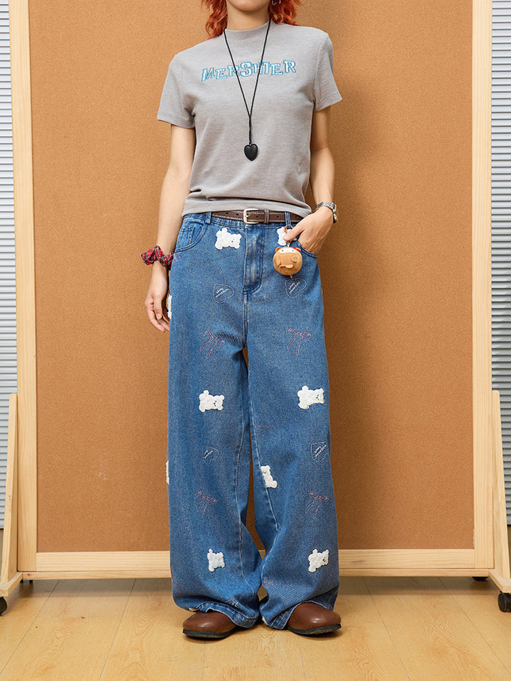 Bear Embroidered Wide-Leg Denim Pants