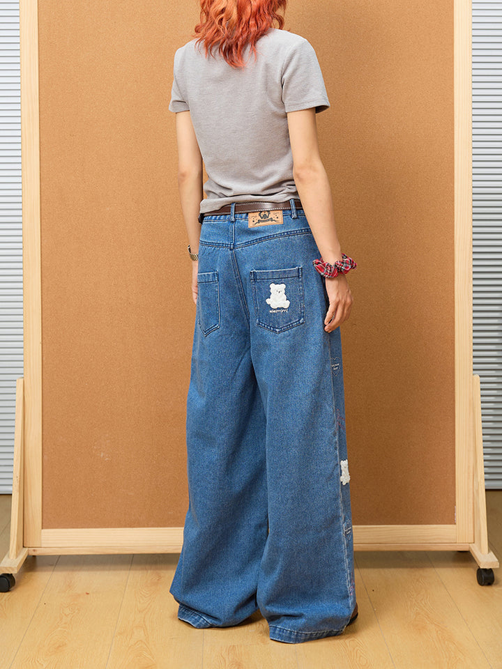 Bear Embroidered Wide-Leg Denim Pants