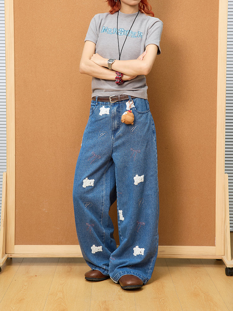 Bear Embroidered Wide-Leg Denim Pants