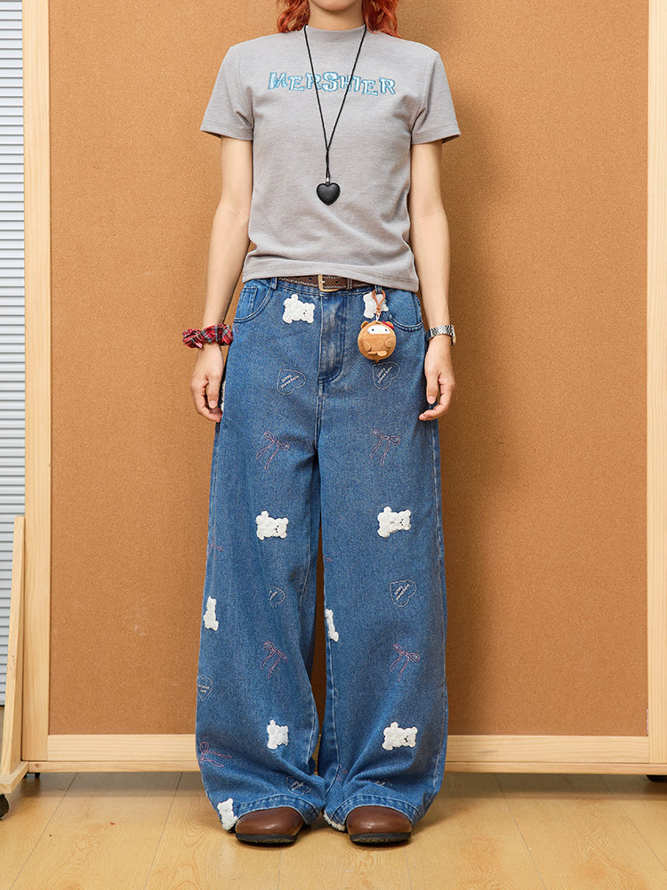 Bear Embroidered Wide-Leg Denim Pants