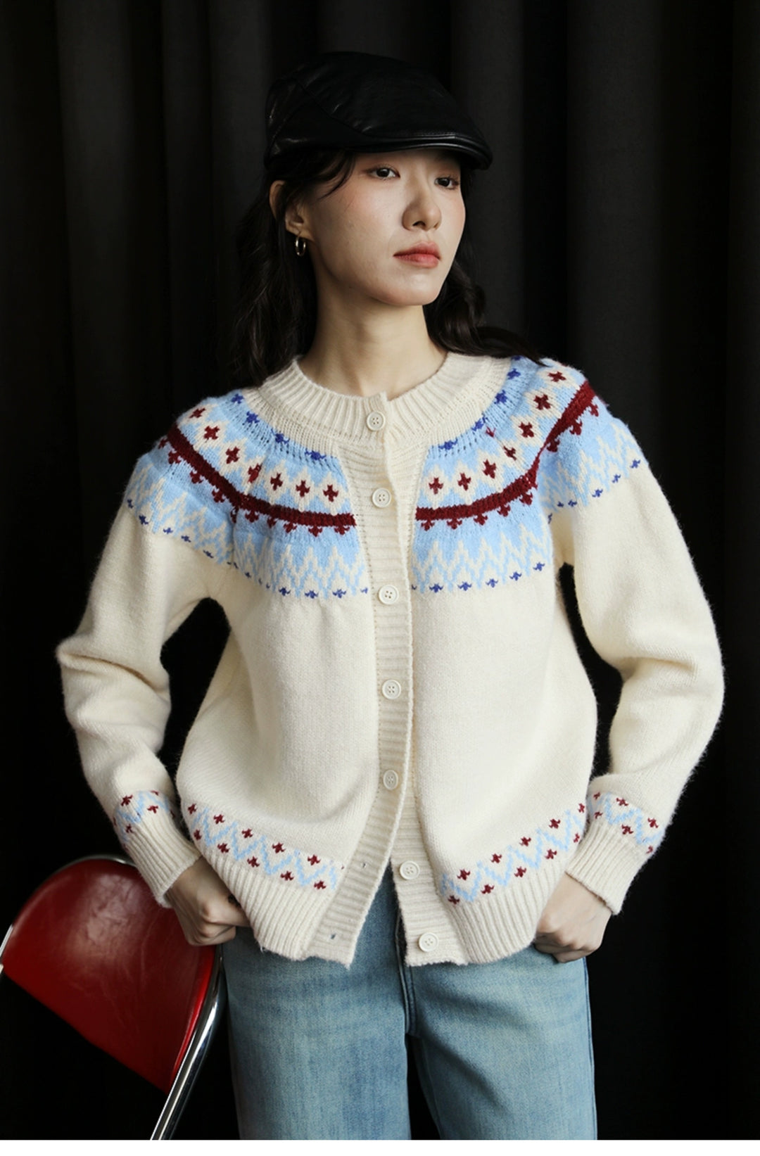 Patterned Knit Button-Up Sweater