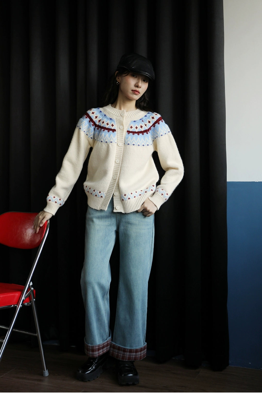 Patterned Knit Button-Up Sweater
