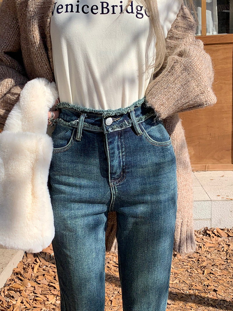 High-Waisted Rolled-Cuff Denim Pants
