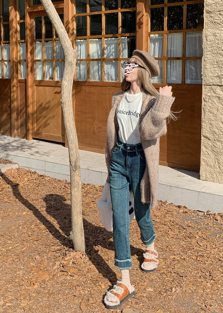 High-Waisted Rolled-Cuff Denim Pants