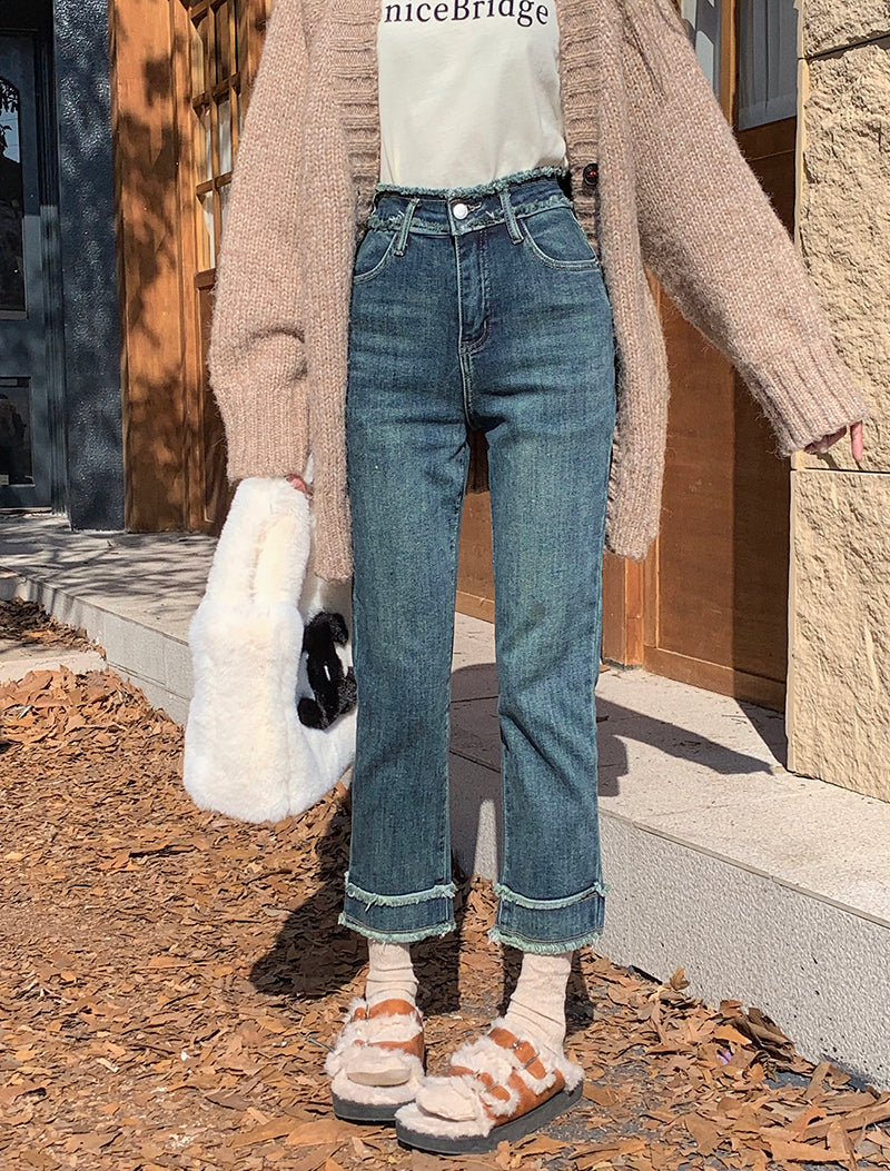 High-Waisted Rolled-Cuff Denim Pants
