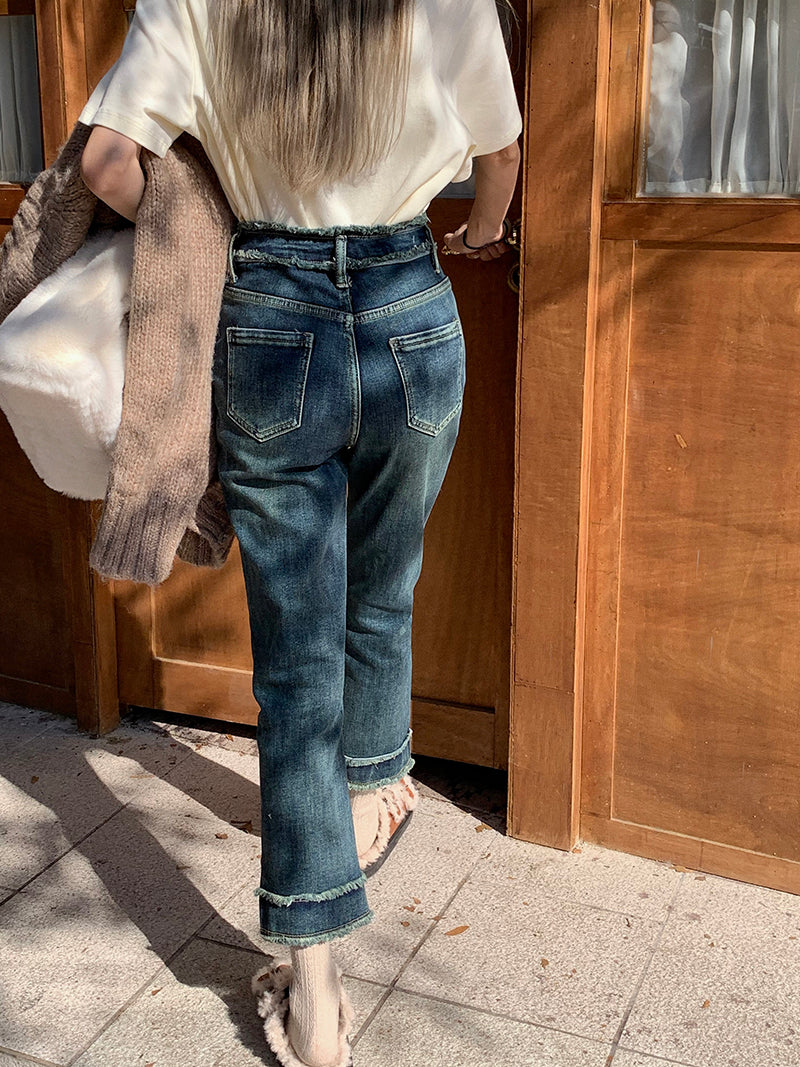 High-Waisted Rolled-Cuff Denim Pants