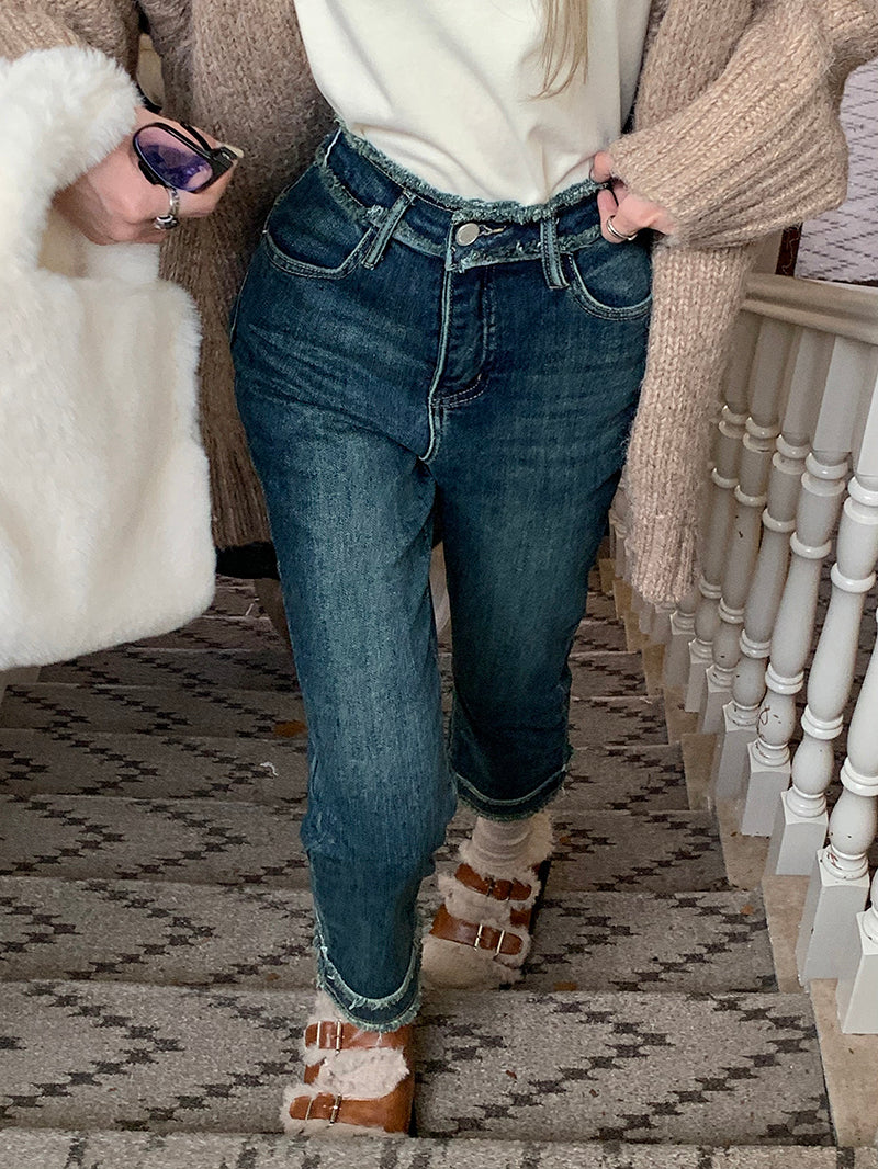 High-Waisted Rolled-Cuff Denim Pants