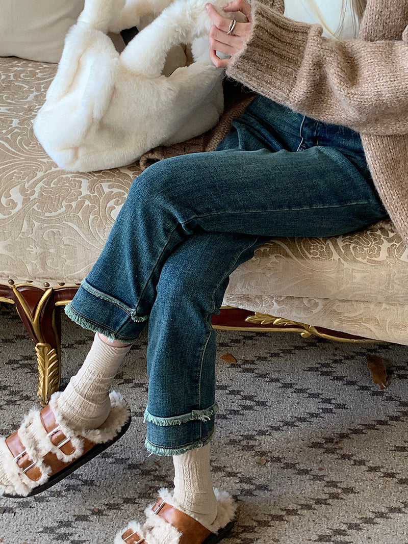 High-Waisted Rolled-Cuff Denim Pants