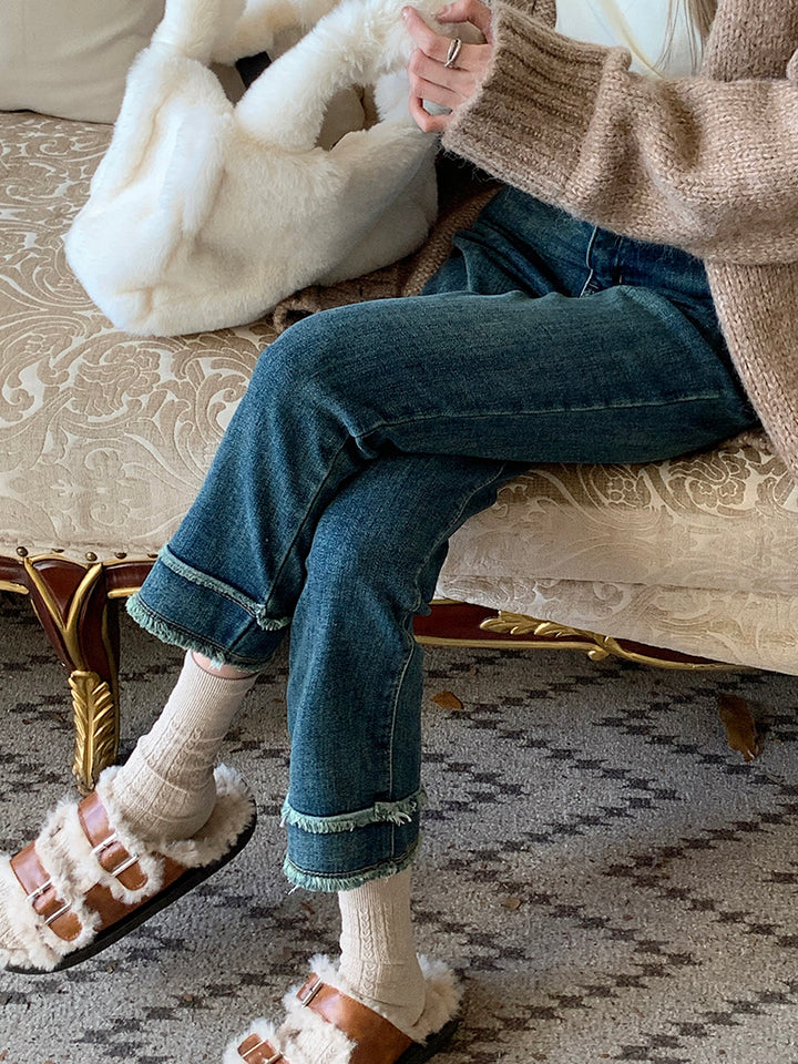 High-Waisted Rolled-Cuff Denim Pants