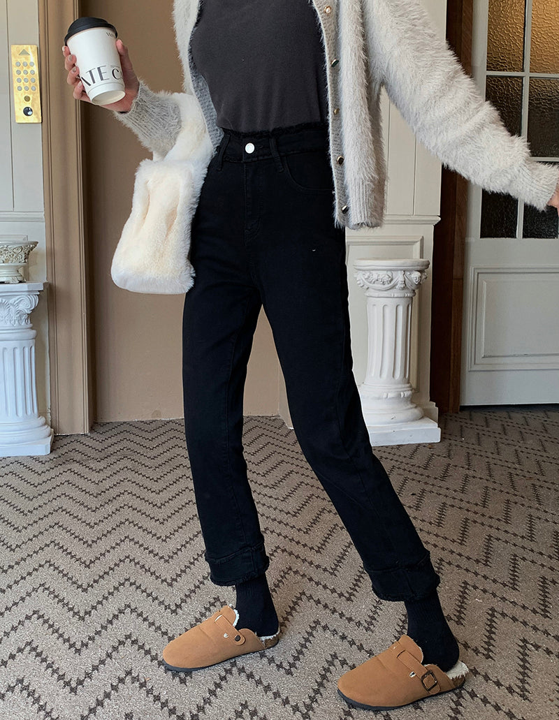 High-Waisted Rolled-Cuff Denim Pants